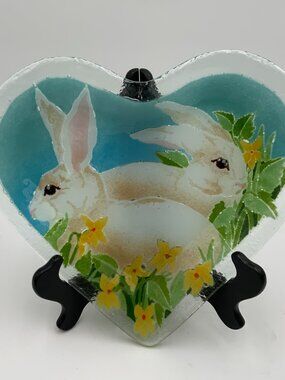 Vintage PEGGY KARR EASTER BUNNY 10" Heart Shaped Fused Glass Platter Exc Cond